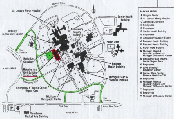 map of trinity health ann arbor campus with road to meeting location marked in green