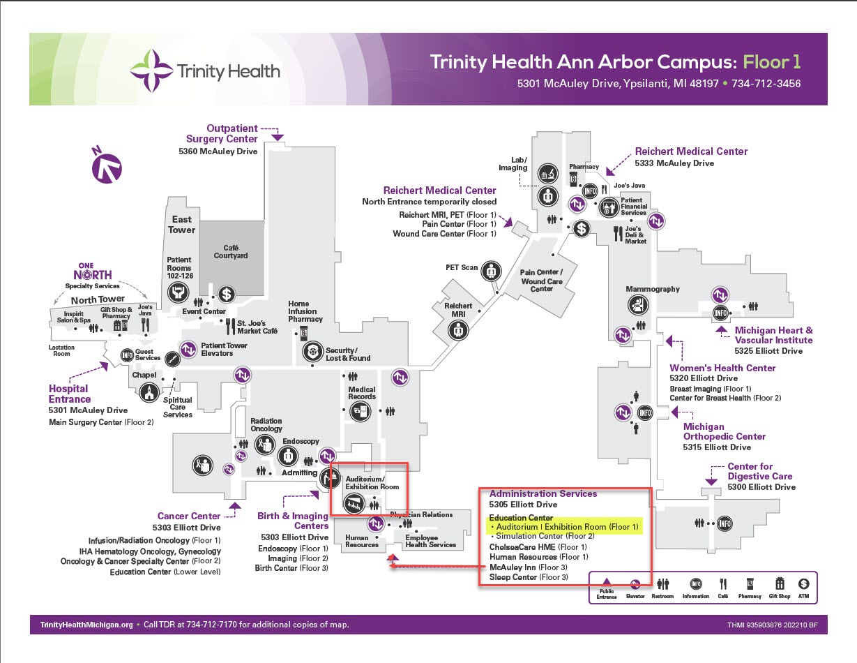 map of trinity health ann arbor campus showing the location of the auditorium in building 5